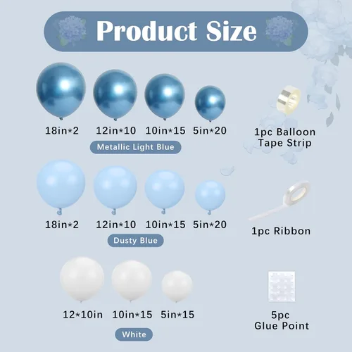 Miniatura 5 de Kit de arco de globos color azul polvoriento, 134 piezas de kits de guirnaldas de globos metálicos azules y blancos para cumpleaños, boda, baby Azul