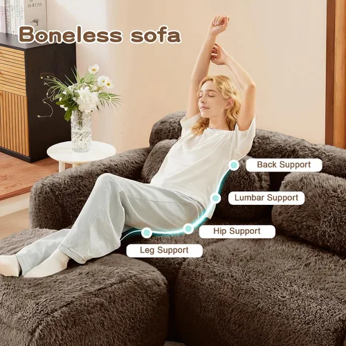 Miniatura 5 de Sofás de nube sin hueso de 80.4 pulgadas, tela de felpa suave y esponjosa, sofá cama modular con 2 otomanas, sofás de dos plazas de chocolate,