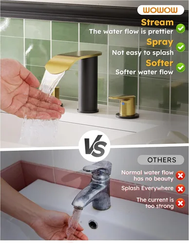 Miniatura 4 de WOWOW Grifo de Baño Cascada 3 Orificios 8 Pulgadas Extendido Grifo de Lavabo de Baño, Dos Manijas Grifos de Lavabo de Tocador con Desagüe Pop-up