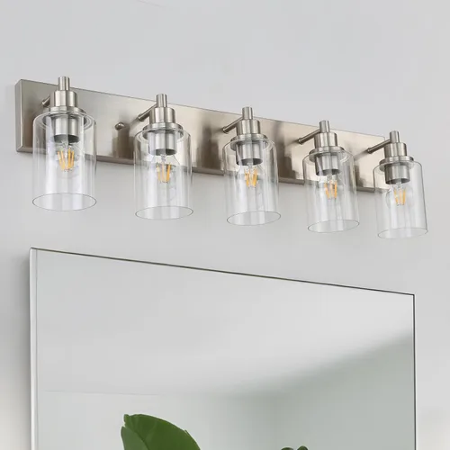 Miniatura 12 de LOUSACE Lámpara de tocador de baño de 3 luces, lámparas de baño negro mate sobre el espejo, iluminación moderna de baño con pantalla de vidrio