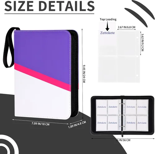 Miniatura 5 de Carpeta para tarjetas coleccionables de 4 bolsillos con cremallera y correa de mano, capacidad para hasta 400 tarjetas, carpeta TCG de piel