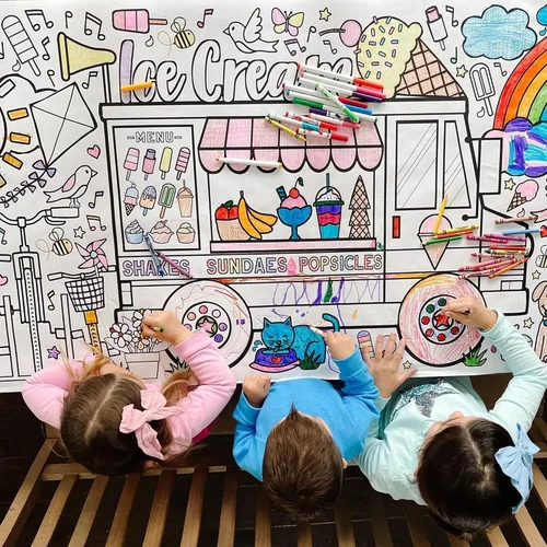Miniatura 3 de Tiny Expressions Mantel para colorear de helado para niños, enrollado, sin arrugas, 30 x 72 pulgadas, póster grande para colorear para fiestas