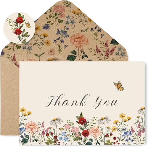 Miniatura 8 de AnyDesign Paquete de 24 tarjetas de agradecimiento de flores silvestres a granel, tarjetas de felicitación de flores moradas con adhesivo de sobre
