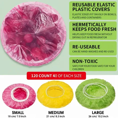 Miniatura 2 de Boao 120 fundas elásticas reutilizables para almacenar cuencos de alimentos, 3 tamaños, coloridas cubiertas de plástico elástico para tazones