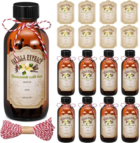 Uiifan 8 Botellas de Extracto de Vainilla Boston Redondas con Tapas, Botella de Vidrio y 8 Etiquetas Adhesivas de Extracto de Vainilla para Jarabe,