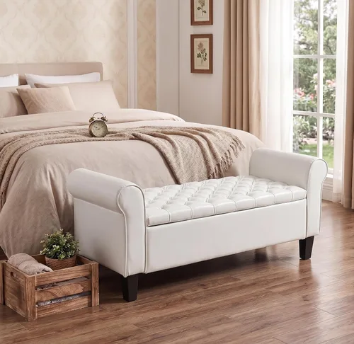 ECOTOUGE Banco otomano de almacenamiento de 55 pulgadas para sala de estar, banco de pie de cama con brazo enrollado, otomano de cuero con Blanco