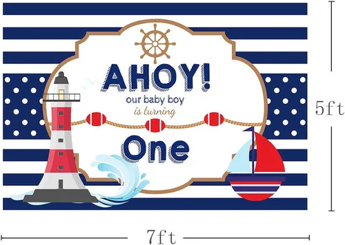 Miniatura 3 de MEHOFOND Ahoy - Telón de fondo náutico para primer cumpleaños con diseño de rayas azules, barco, bebé, bebé, cumpleaños, fotografía de fondo