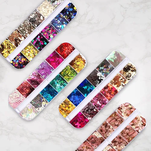 Miniatura 6 de AddFavor Kit de 4 cajas de lentejuelas con purpurina para uñas, formas mixtas, mariposa holográfica, flor, corazón redondo, copos de arte de uñas