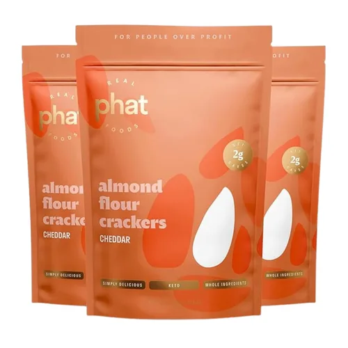 Real Phat Foods - Galletas de harina de almendras Cheddar - Bocadillo keto bajo en carbohidratos y sin gluten - Paquete de 3 (Cheddar)