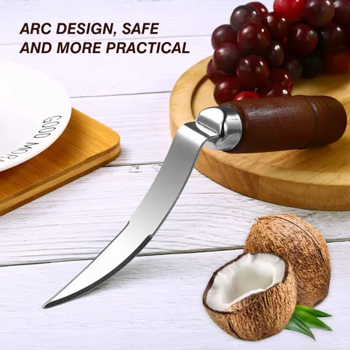 Miniatura 3 de DOITOOL Herramienta de eliminación de carne de coco cuchillo raspador de coco fresco de acero inoxidable con mango ergonómico de madera
