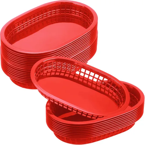 Miniatura 8 de Potchen 60 cestas de comida rápida para servir 10.5 x 7 pulgadas, cesta de plástico ovalada retro, bandeja de servicio de alimentos para Negro
