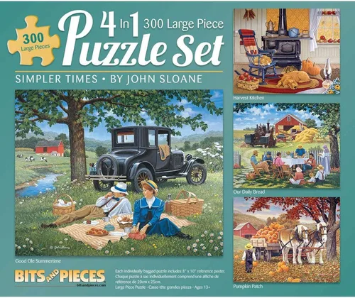 Bits and Pieces John Sloane - Juego de rompecabezas 4 en 1 para adultos - Pósters a todo color Simpler Times - Piezas únicas de corte aleatorio