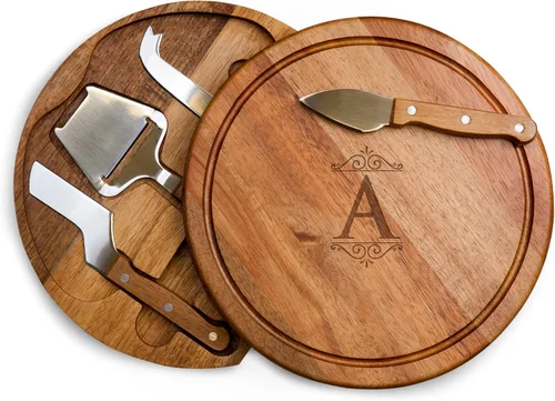 Tablero de corte para queso Circo personalizado con monograma de iniciales de Toscana y juego de herramientas de acacia