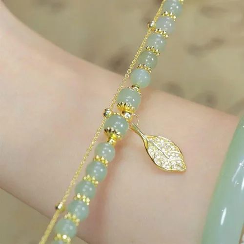 Miniatura 3 de Gofinoday Hetian Jade - Pulsera de hoja de oro, pulsera de temperamento elegante de jade hetiano, 12 pulseras de jade para mujer (2 unidades)