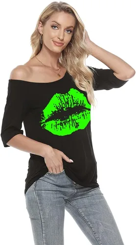 Miniatura 4 de MAGICMK Camiseta casual de talla grande con estampado de labios y hombros descubiertos para mujer