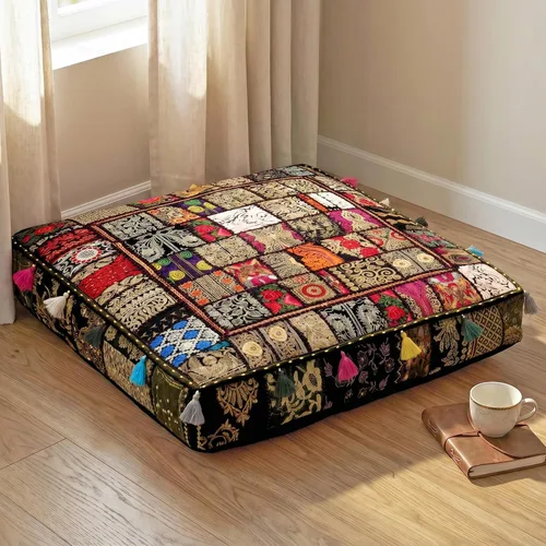 THE ART BOX Almohadas de Suelo y Fundas de Cojín de Retazos de Algodón Vintage Boho Bordadas, Puf para Perros, Puf de Asiento, Almohada de