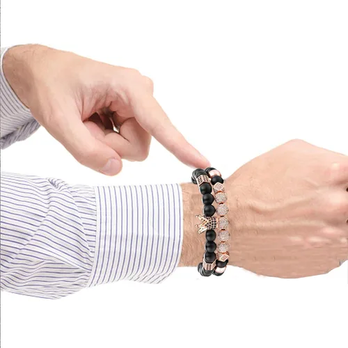 Miniatura 3 de YuziJewy 2 pulseras de cuentas de corona para hombres y mujeres, pulseras de cuentas de ágata negra de 0.315in, pulsera de piedra de ágata negra