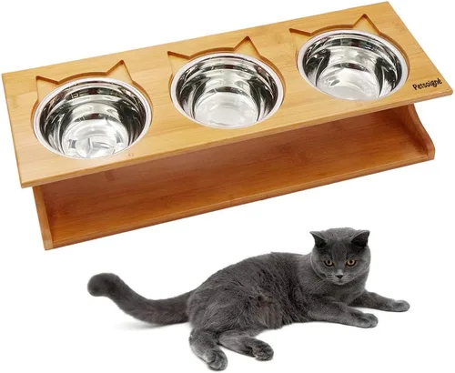 Cuencos para gatos con soporte de madera elevado, cuencos elevados para mascotas con soporte oblicuo para gatos, perros, gatitos y cachorros (3