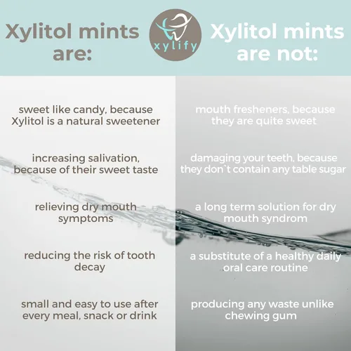 Miniatura 6 de Mentas de xilitol para el cuidado bucal: sabor a menta, 100% endulzado con xilitol, mentas sin azúcar, mentas dentales Happy Teeth de Finlandia, 5