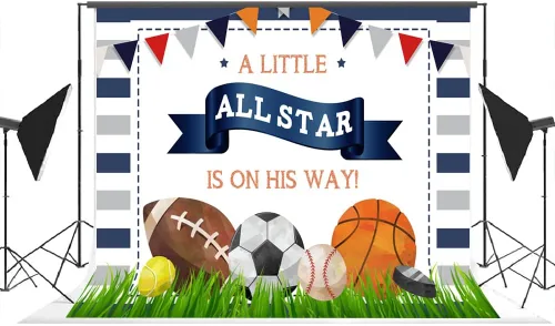 Miniatura 4 de Lofaris A Little All Star is On His Way - Telón de fondo para baby shower, niños, deportes, cumpleaños, fútbol, baloncesto, tenis, golf, recién