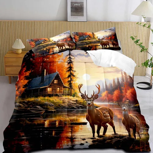 Miniatura 12 de LUVIVIHOME Juego de edredón de 3 piezas con diseño de osos negros y ciervos tamaño King, con estampado de alces, alces, patos Mallard, animales Oso