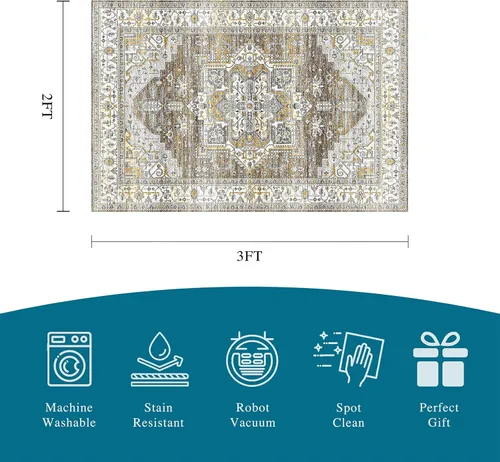 Miniatura 2 de Alfombra lavable para pasillo de 2 x 3: alfombra suave vintage para cocina, baño, lavandería, con respaldo antideslizante, alfombra de piso