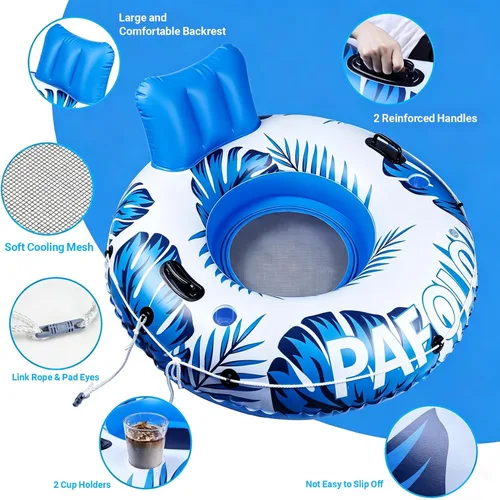 Miniatura 6 de Flotador inflable de tubo de río, flotador de piscina para adultos, tubos de río para flotar resistente con parte inferior de malla, respaldo cómodo