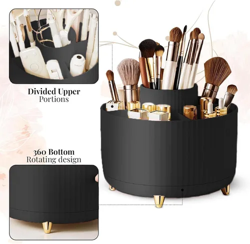 Miniatura 6 de WILL OAK Organizador de brochas de maquillaje, organizador de brochas de maquillaje giratorio de 360°, 5 ranuras para cosméticos, esmalte de uñas