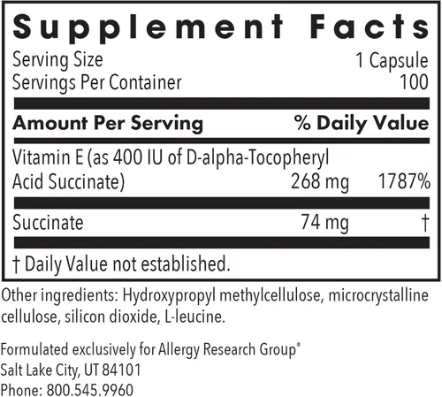 Miniatura 2 de Allergy Research Group Succinato de Vitamina E 400 Iu 100 Cápsulas Vegetales