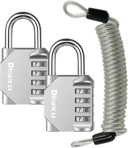 Candado de combinación de 4 dígitos impermeable para exteriores con cable de acero para casillero de gimnasio, casco, puerta, valla, equipaje, plata