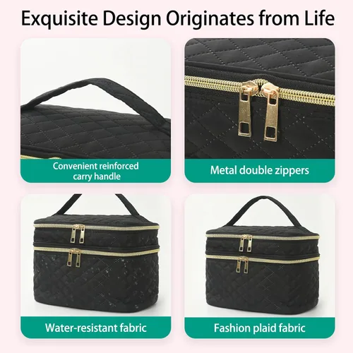 Miniatura 2 de Bolsa de maquillaje de viaje para mujer, estuche grande para cosméticos, resistente al agua, organizador para guardar artículos de tocador, A-Negro