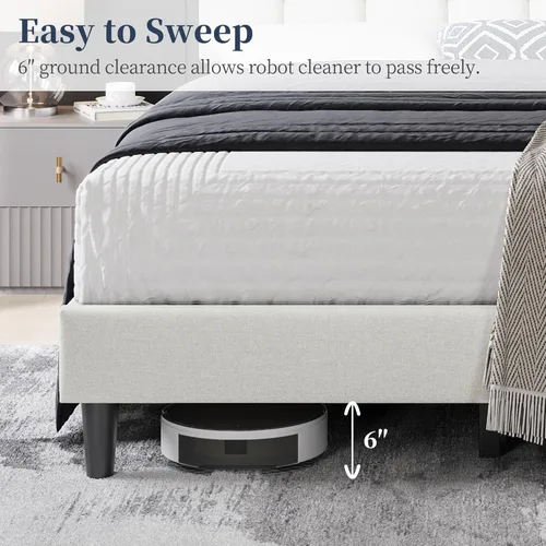 Miniatura 6 de Yaheetech Marco de Cama Tapizado, Plataforma de Cama Queen Moderna con Cabecera de Capitoné con Costuras Cuadradas y Botones, Altura Ajustable, Beige