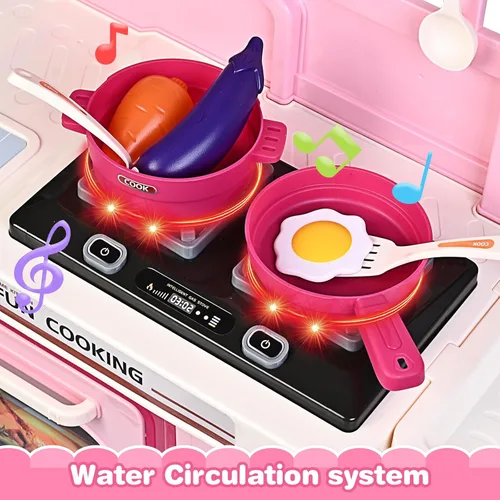 Miniatura 3 de Juego de cocina, juego de cocina para niños con sonido y luz realistas, estufa de cocina, fregadero, comida de juego y accesorios, 57 piezas, Rosa