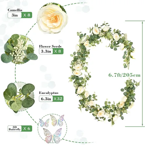 Miniatura 5 de Yastouay 2 guirnaldas de flores de 13.4 pies con mariposa, guirnalda de eucalipto artificial con flores de champán, rosa falsa de camelia