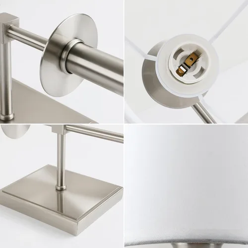 Miniatura 4 de PERMO Aplique de pared industrial rústico clásico con cable con pantalla textil blanca acampanada y soporte de columna cónico de níquel cepillado