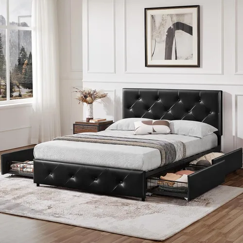 Miniatura 27 de Topeakmart Base de cama de plataforma tapizada tamaño Queen con cabecera ajustable en altura y 3 cajones de almacenamiento, base de colchón de piel
