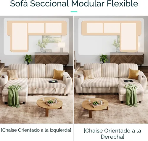 Miniatura 3 de LINSY HOME Sofá cama modular extraíble para sala de estar (beige, sofá cama 1) Sofá cama extraíble, almacenamiento, carga USB, portavasos, pana