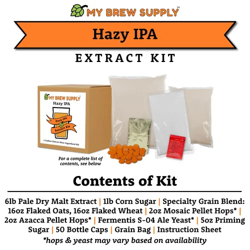 Miniatura 3 de My Brew Supply Hazy IPA Extract Kit Extracto de malta seca pálida Trigo y avena en copos Azúcar de maíz Azacca y lúpulo de mosaico