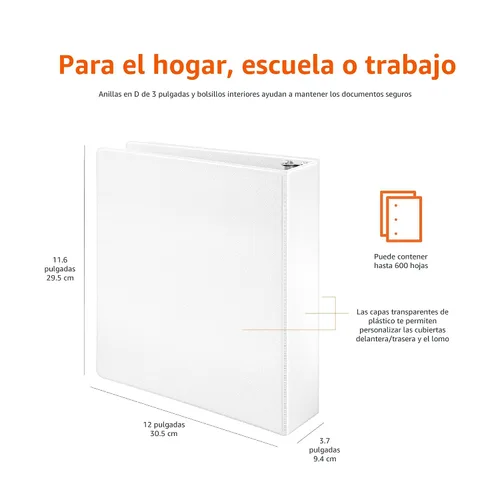 Miniatura 8 de Amazon Basics Archivadores de 3 argollas de 3 pulgadas, organizador con argollas en D, 2 paquetes, para la escuela, oficina en casa, color blanco