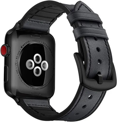 Miniatura 24 de OUHENG Correas de cuero compatibles con Apple Watch de 42mm 41mm 40mm 38mm, correa híbrida de cuero genuino y goma para iWatch Series 11 10 9 8 7 6