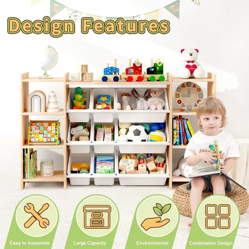 Miniatura 7 de MallBest Estante organizador de almacenamiento de juguetes para niños de 4 niveles, 100% madera maciza, armario de almacenamiento extra ancho