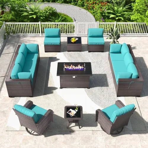 Miniatura 81 de Kullavik Juego de 13 muebles de patio al aire libre con mesa de fogata de gas propano de 43 pulgadas, 55000 BTU, mimbre de polietileno, sofá Arena