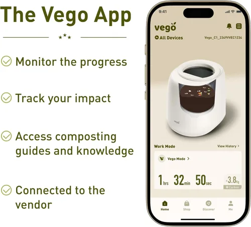 Miniatura 4 de Vego Compostador de Cocina, Compostador Eléctrico de Encimera de 4L, 5 Modos, Contenedor de Compost Inteligente Basado en Peso con App, Sin Olor