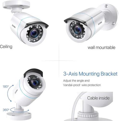 Miniatura 7 de ZOSI Paquete de 4 cámaras de seguridad para el hogar HD-TVI de 2MP 1080p HD-TVI 1920 TVL, 24 LED, visión nocturna de 80 pies, ángulo de visión