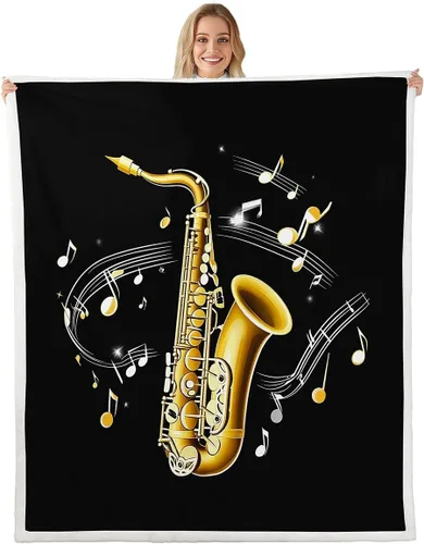 Erosebridal Manta Sherpa de saxofón con notas musicales giratorias, manta de forro polar con instrumentos musicales, manta retro con temática de