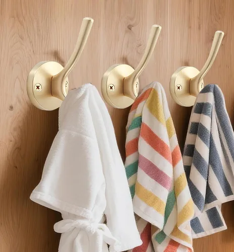 Miniatura 4 de TOFIIGREM Ganchos dorados para pared, paquete de 3 ganchos para toallas, de metal resistente, doble gancho para bata de baño, ganchos