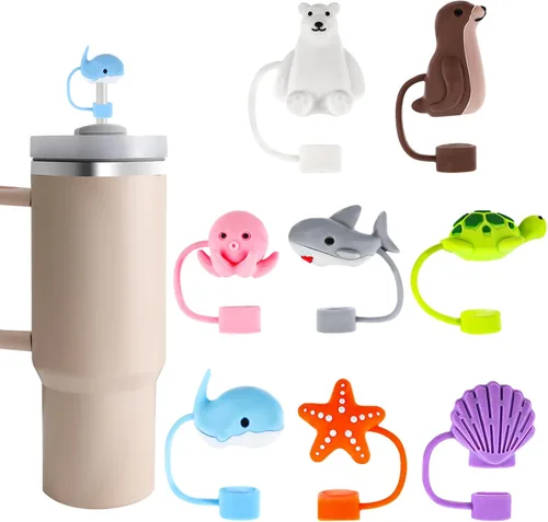Miniatura 8 de 8 piezas de cubiertas de pajita con forma de animales, tapa de silicona para popote para vaso Stanley de 30 y 40 oz, lindas tapas de pajita