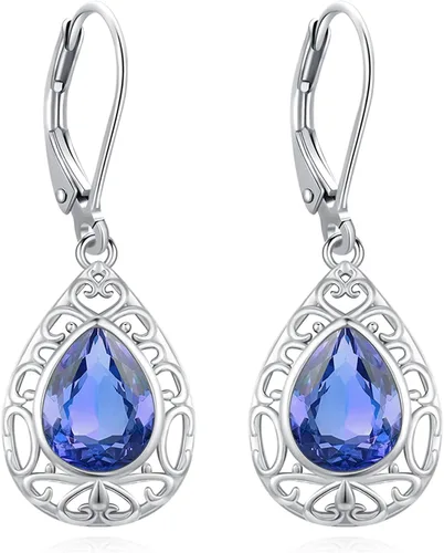 Miniatura 92 de Aretes colgantes de plata de ley con diseño de árbol de la vida, flor, abeja, animales, gato, colibrí, piedra lunar, turquesa, aretes con cierre