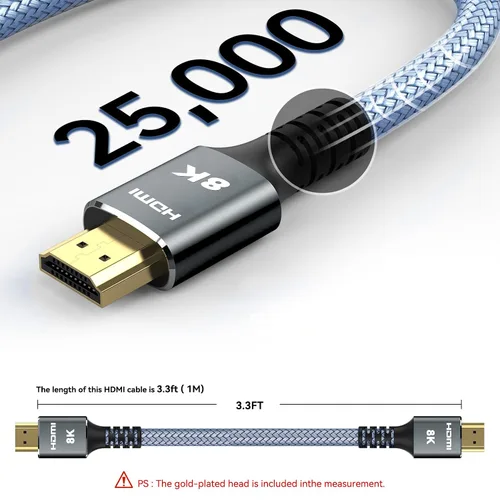 Miniatura 2 de Cable HDMI 8K/10K/4K 3.3 pies (1M), 48Gbps Ultra Alta Velocidad, 8K @60Hz 4K @120Hz eARC HDCP 2.0/2.1/2.2/2.3, Cable trenzado de nailon, compatible