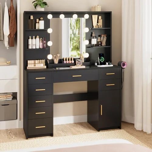 Miniatura 6 de ELYKEN Tocador Moderno con Espejo y Luces, Mesa de Maquillaje con Tablero de Vidrio y Enchufe Eléctrico, Tocador con 6 Estantes de Almacenamiento, 8